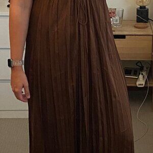 Zara / Chocolate Brown Satin Front Cut Out Crinkle Cut Tie Maxi Dress